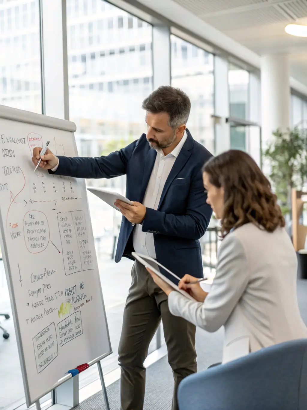 An executive coach listening attentively to a CEO in a modern office setting, representing personalized guidance.