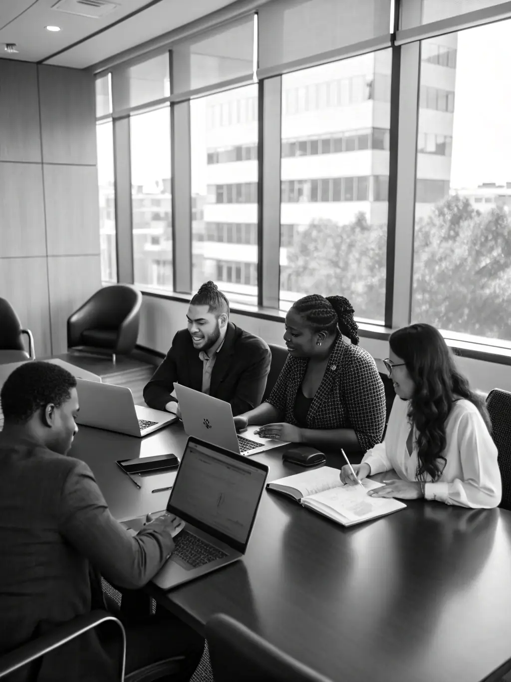 A diverse team of executives collaborating in a workshop, fostering teamwork and innovation.